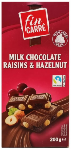 Молочный шоколад Fin Carre Cream Chocolate Raisins & Hazelnut с фундуком и изюмом 200гр