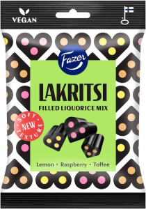 Лакричные конфеты ассорти (лимон, малина, ириска)  Fazer Lakritsi täytemix 140гр
